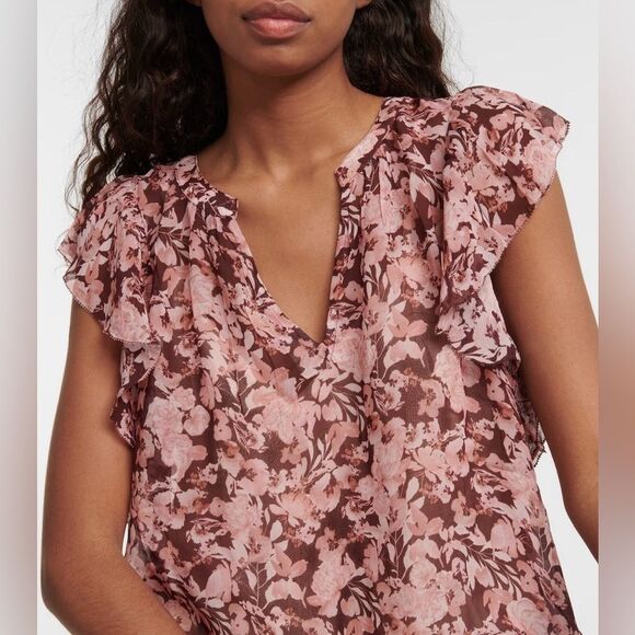 Velvet Women’s Size Large Red Pink Romantic Ruffled Floral Print Viscose Shirt - Picture 2 of 14